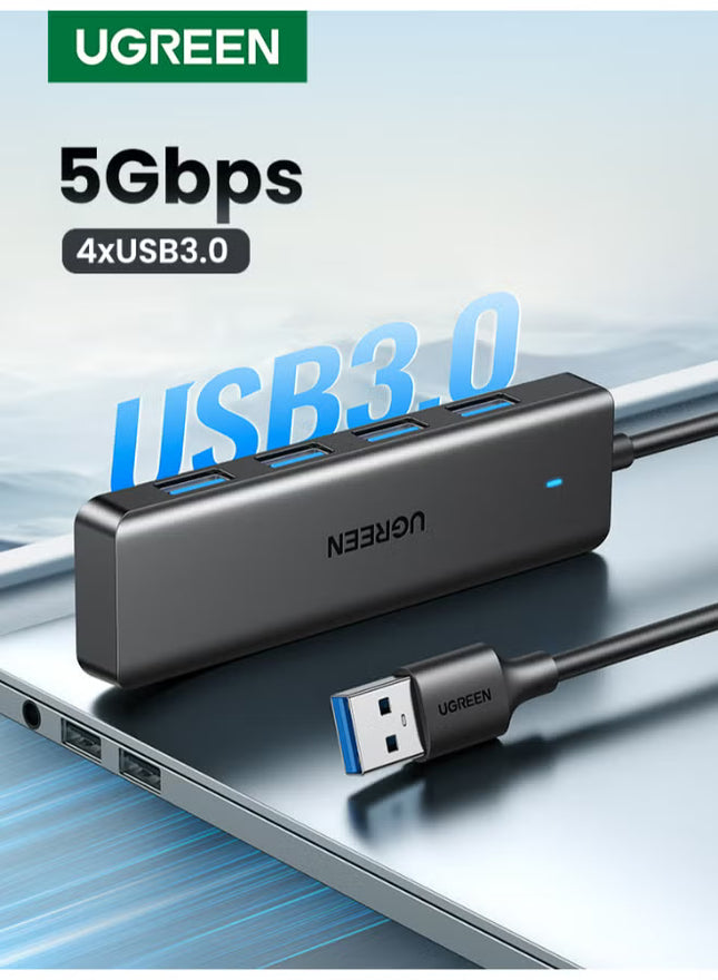 Ugreen USB Hub 3.0 4 Ports Multiport Adapter Ultra Slim Data Hub USB A Splitter [Charging Not Supported] Multiple USB Extension for Laptop,Desktop PC,Xbox,PS5,Mouse,Keyboard,Flash Drive,Printer-15CM | Black