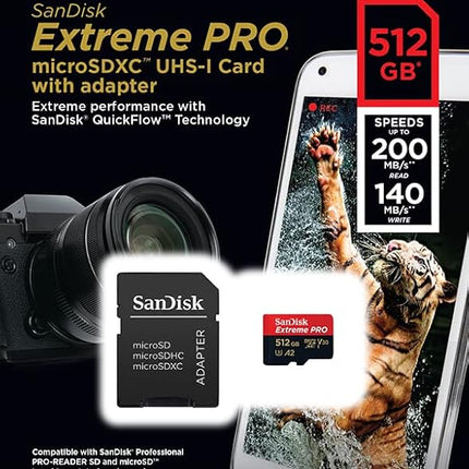 SanDisk 512GB Extreme Pro microSD UHS I Card for 4K Video on Smartphones, Action Cams & Drones 200MB/s Read