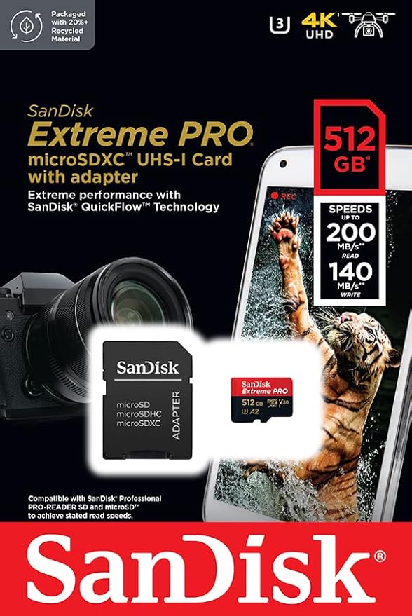 SanDisk 512GB Extreme Pro microSD UHS I Card for 4K Video on Smartphones, Action Cams & Drones 200MB/s Read