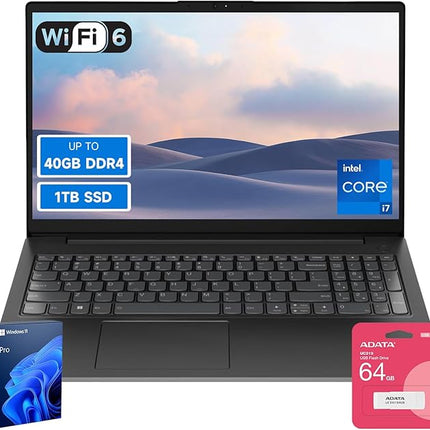 
Lenovo Laptop with Intel Core i7 processor, 40GB DDR4 memory, and 1TB SSD storage, displayed with Windows 11 Pro and Adata 64GB USB drive packaging.