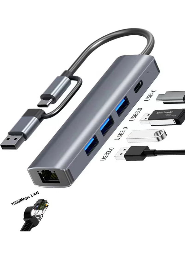 USB to Ethernet Adapter, 5 in 2 USB Hub with Ethernet, Plug and Play, Multiport Network Adapter with 3 USB 3.0 Port, Gigabit RJ45, USB-C Power Port Compatible for Laptop MacBook XPS Windows 11
