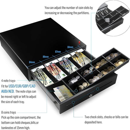 16Inch Manual Key & Push-Button Release Lock Cash Drawer Tray, Heavy Duty, with 5 Bills & 8 Coins Removable Tray