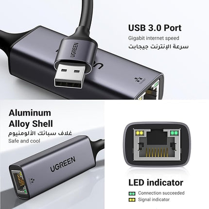UGREEN USB 3.0 Ethernet Adapter Aluminum USB 3.0 to Network 1000Mbps Gigabit RJ45 LAN Internet Adapter