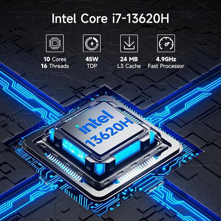Intel Core i7-13620H processor on a circuit board with specifications displayed.