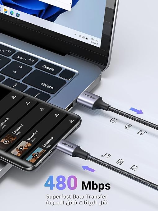 UGREEN Type C Cable 1M USB C Cable Nylon Braided Fast Charging USB-C Cord for IPhone,RedMi,Huawei ipad, honor, samsung, oppo