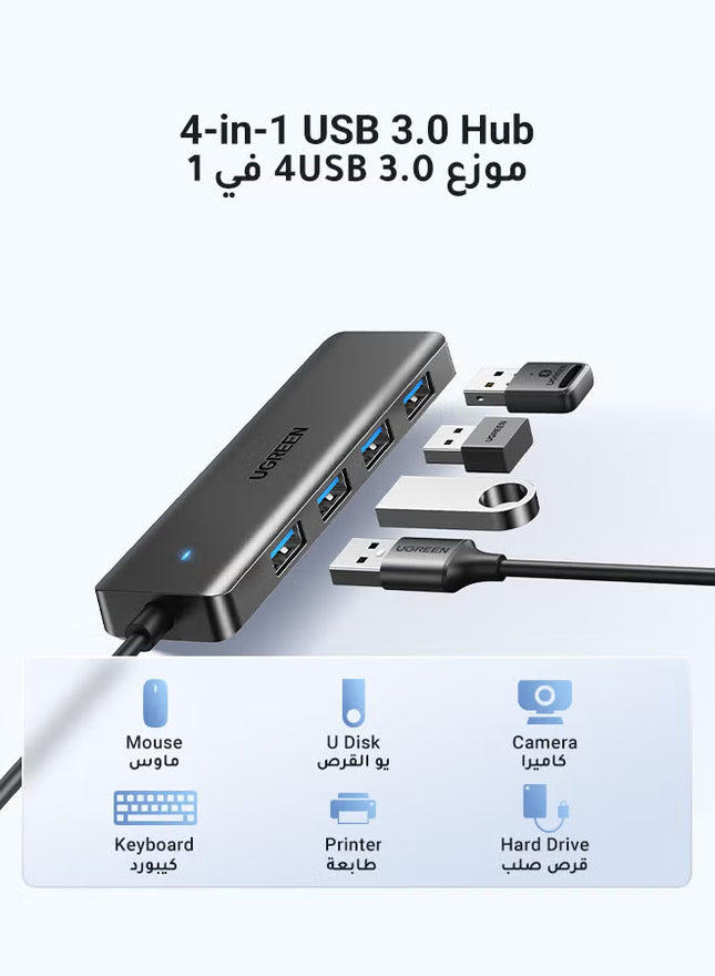 Ugreen USB Hub 3.0 4 Ports Multiport Adapter Ultra Slim Data Hub USB A Splitter [Charging Not Supported] Multiple USB Extension for Laptop,Desktop PC,Xbox,PS5,Mouse,Keyboard,Flash Drive,Printer-15CM | Black