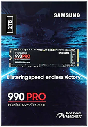 SAMSUNG 990 Pro 2TB NVMe M.2 Internal SSD, PCIe Gen 4.0 x4, NVMe 2.0 Interface, 7450 MB/s Sequential Read Speed, 6900 MB/s Sequential Write Speed, 3.3 Voltage, V-NAND 3-bit MLC